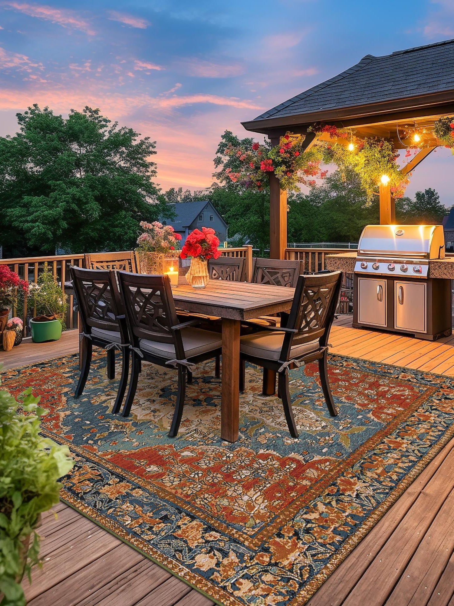 Navy Blue and Rust Red 7' 10 x 7' 10 Outdoor Traditional Square Area Rug Weather Resistant for Patio, Deck, Terrace, Balcony, Porch Classical Design Outside Carpet for Sale at Rug Engine