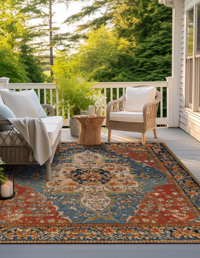 Navy Blue and Rust Red 10' x 10' Outdoor Traditional Square Area Rug Weather Resistant for Patio, Deck, Terrace, Balcony, Porch Classical Design Outside Carpet for Sale at Rug Engine