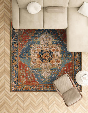 Navy Blue and Rust Red 10' x 10' Outdoor Traditional Square Area Rug Weather Resistant for Patio, Deck, Terrace, Balcony, Porch Classical Design Outside Carpet for Sale at Rug Engine