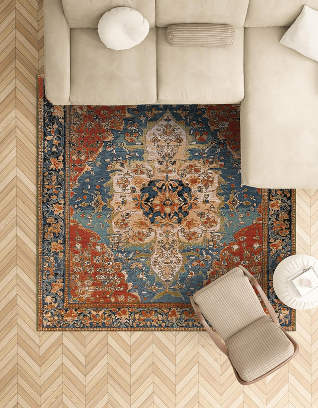 Navy Blue and Rust Red 10' x 10' Outdoor Traditional Square Area Rug Weather Resistant for Patio, Deck, Terrace, Balcony, Porch Classical Design Outside Carpet for Sale at Rug Engine