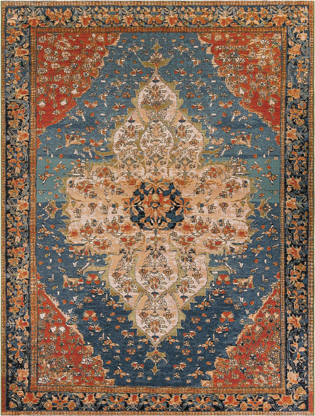 Navy Blue and Rust Red 9' x 12' Outdoor Traditional Rectangle Area Rug Weather Resistant for Patio, Deck, Terrace, Balcony, Porch Classical Design Outside Carpet for Sale at Rug Engine
