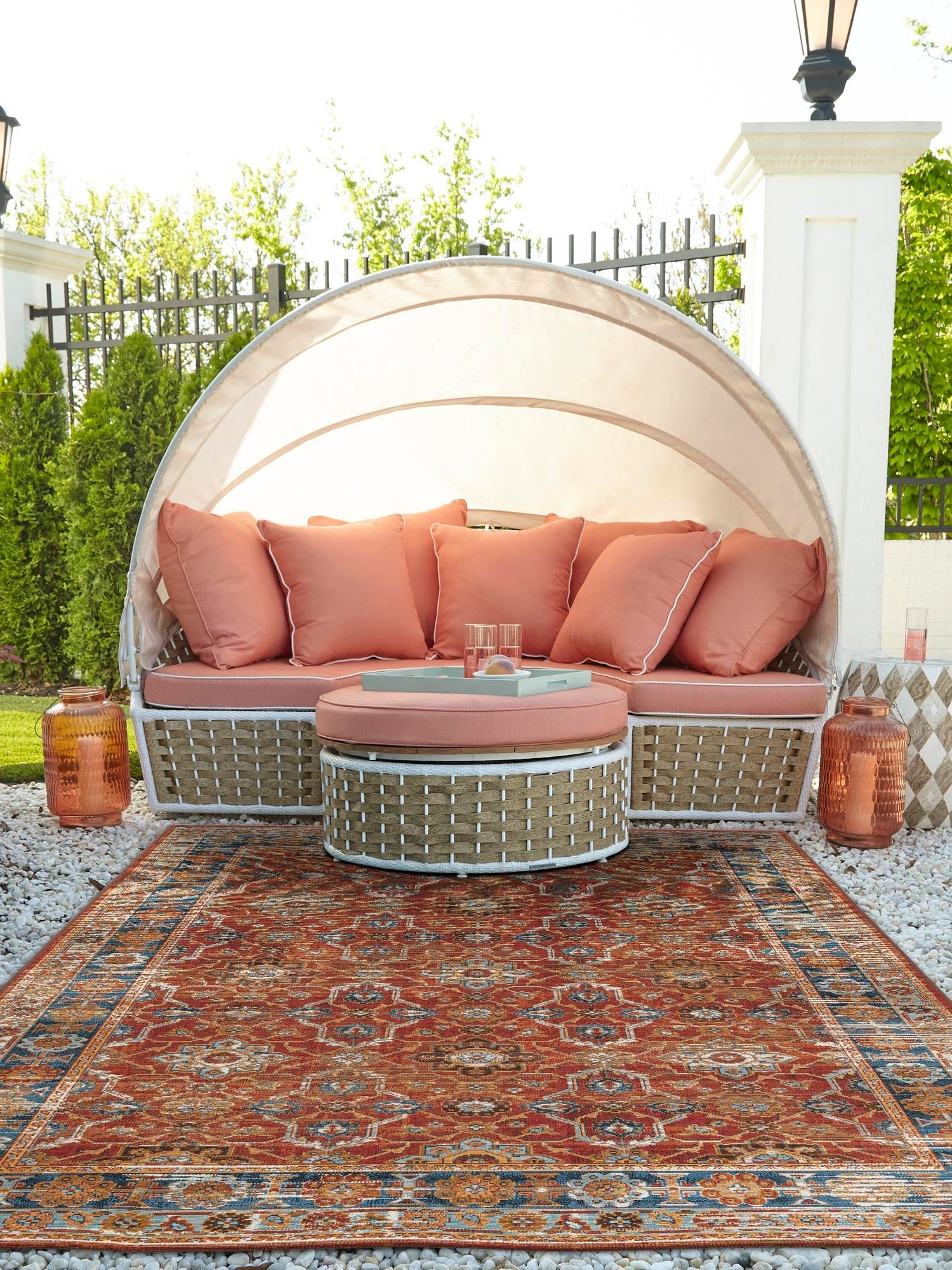 Antique Red 4' 1 x 6' 1 Outdoor Traditional Rectangle Area Rug Weather Resistant for Patio, Deck, Terrace, Balcony, Porch Classical Design Outside Carpet for Sale at Rug Engine