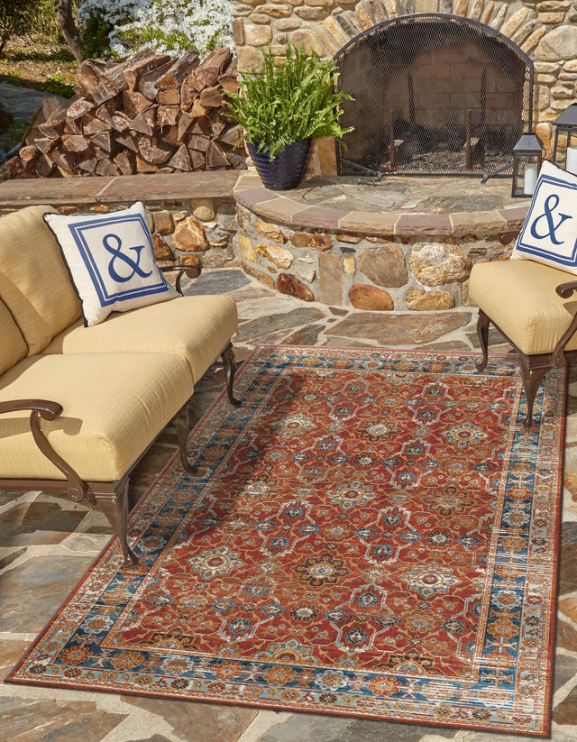 Antique Red 5' 1 x 7' 1 Outdoor Traditional Rectangle Area Rug Weather Resistant for Patio, Deck, Terrace, Balcony, Porch Classical Design Outside Carpet for Sale at Rug Engine