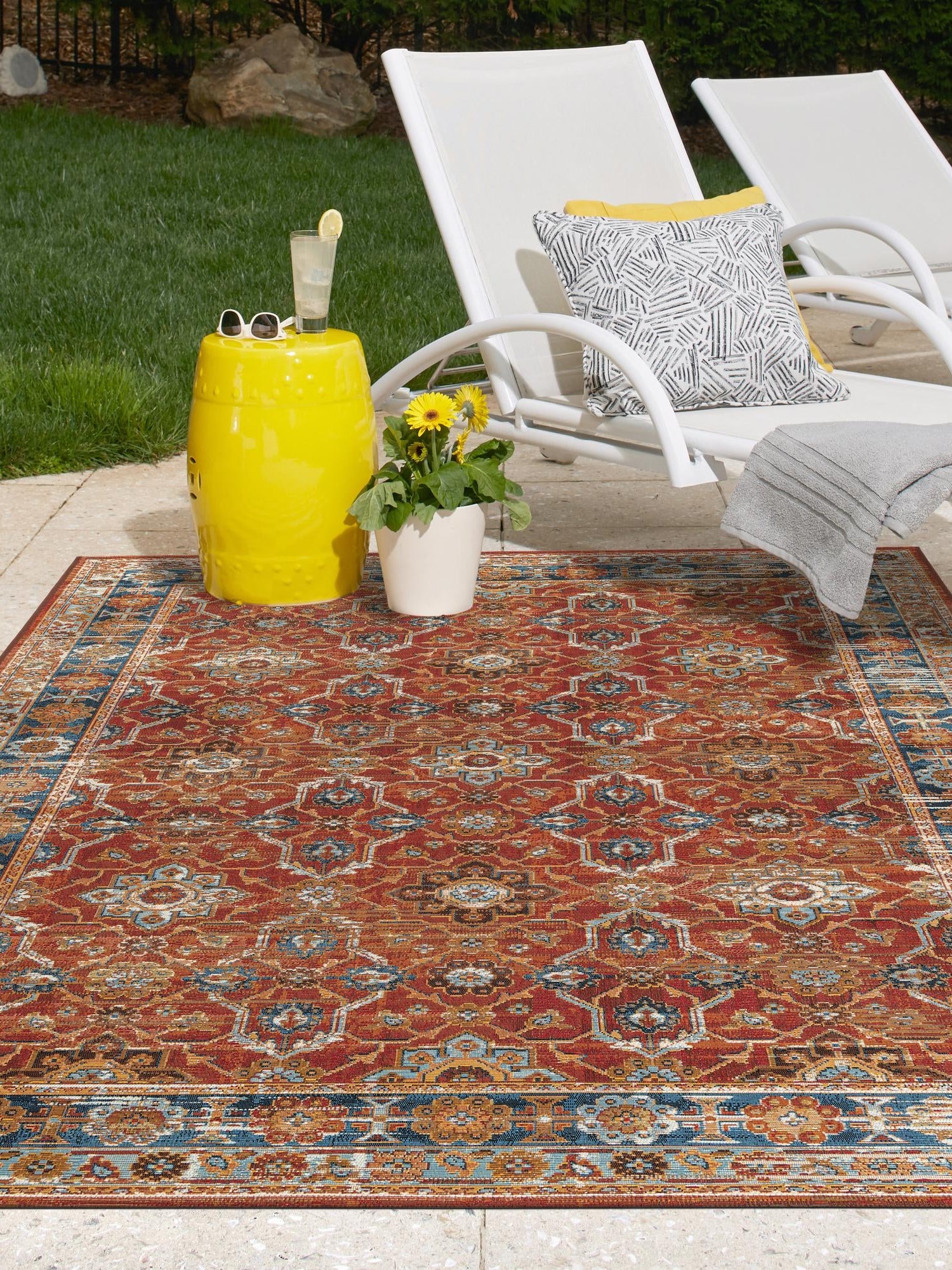 Antique Red 5' 1 x 8' Outdoor Traditional Rectangle Area Rug Weather Resistant for Patio, Deck, Terrace, Balcony, Porch Classical Design Outside Carpet for Sale at Rug Engine