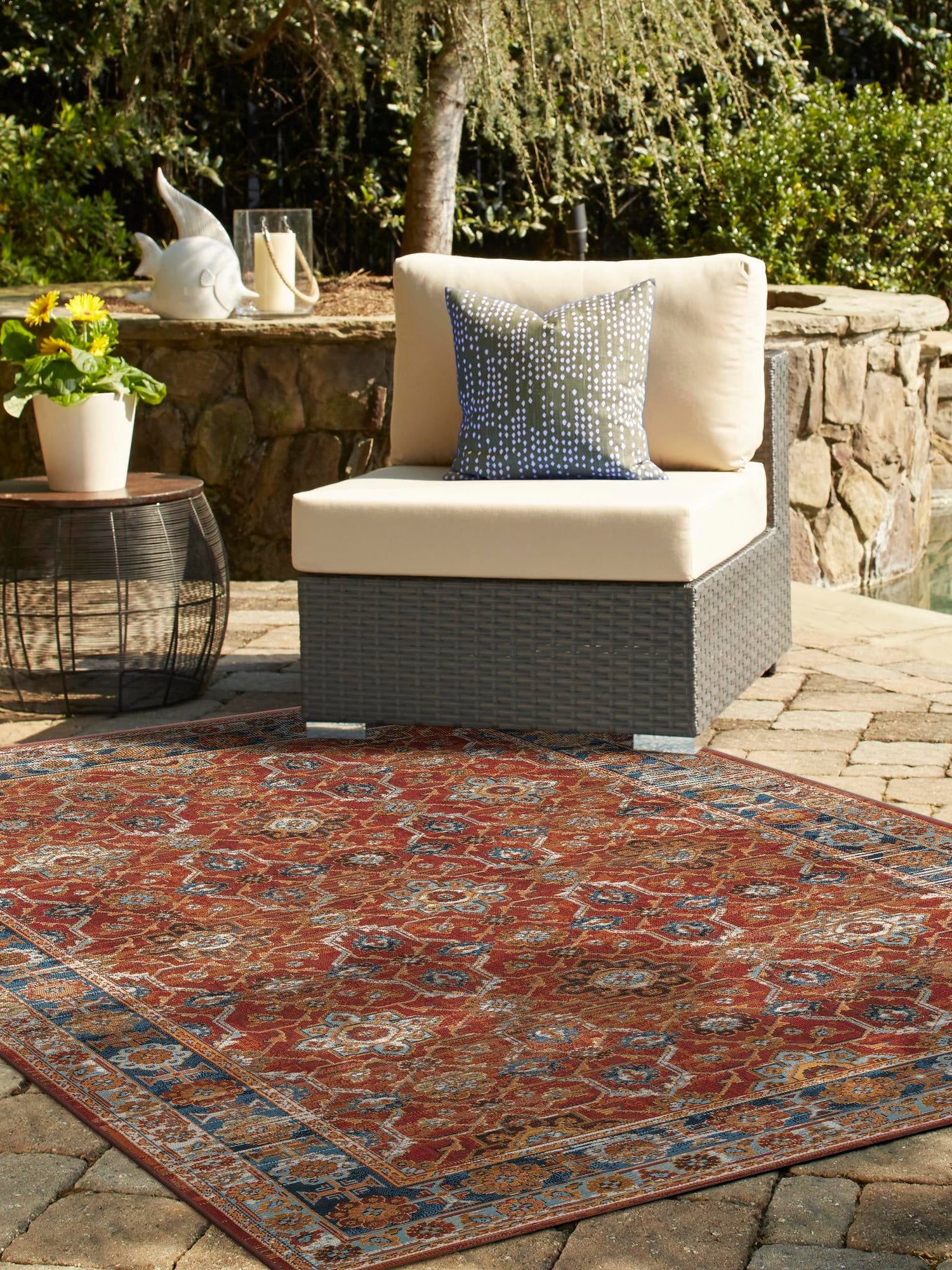 Antique Red 5' 1 x 7' 1 Outdoor Traditional Rectangle Area Rug Weather Resistant for Patio, Deck, Terrace, Balcony, Porch Classical Design Outside Carpet for Sale at Rug Engine