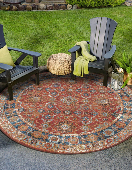 Antique Red 8' x 8' Outdoor Traditional Round Rug