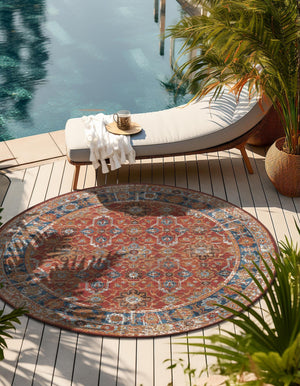 Antique Red 5' 1 x 5' 1 Outdoor Traditional Round Area Rug Weather Resistant for Patio, Deck, Terrace, Balcony, Porch Classical Design Outside Carpet for Sale at Rug Engine