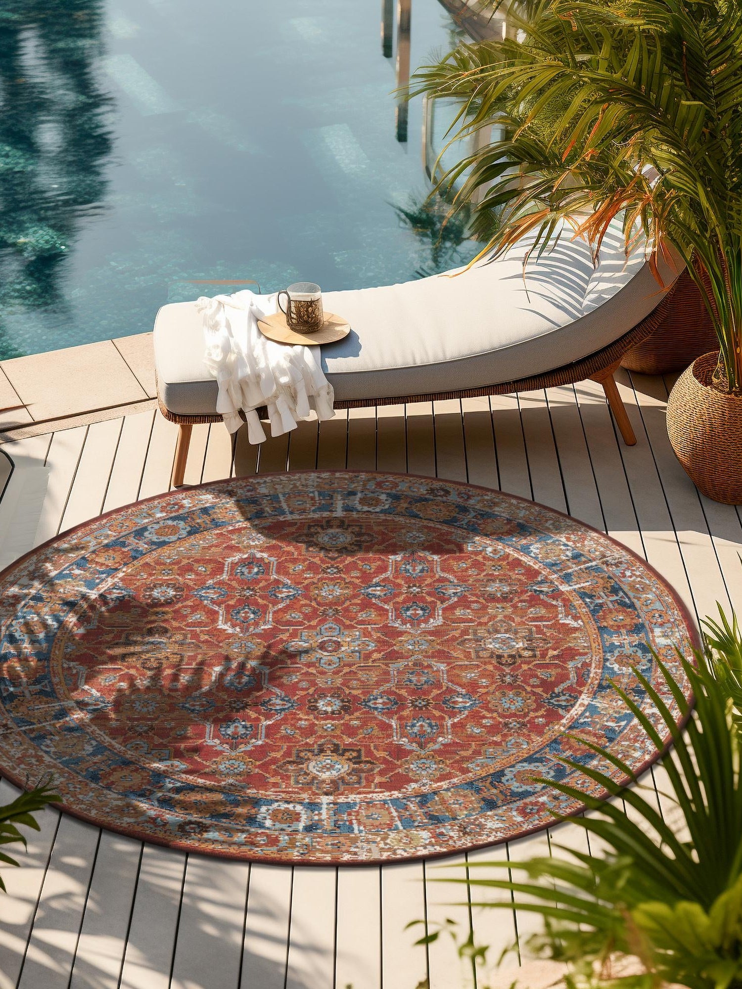 Antique Red 4' 1 x 4' 1 Outdoor Traditional Round Area Rug Weather Resistant for Patio, Deck, Terrace, Balcony, Porch Classical Design Outside Carpet for Sale at Rug Engine
