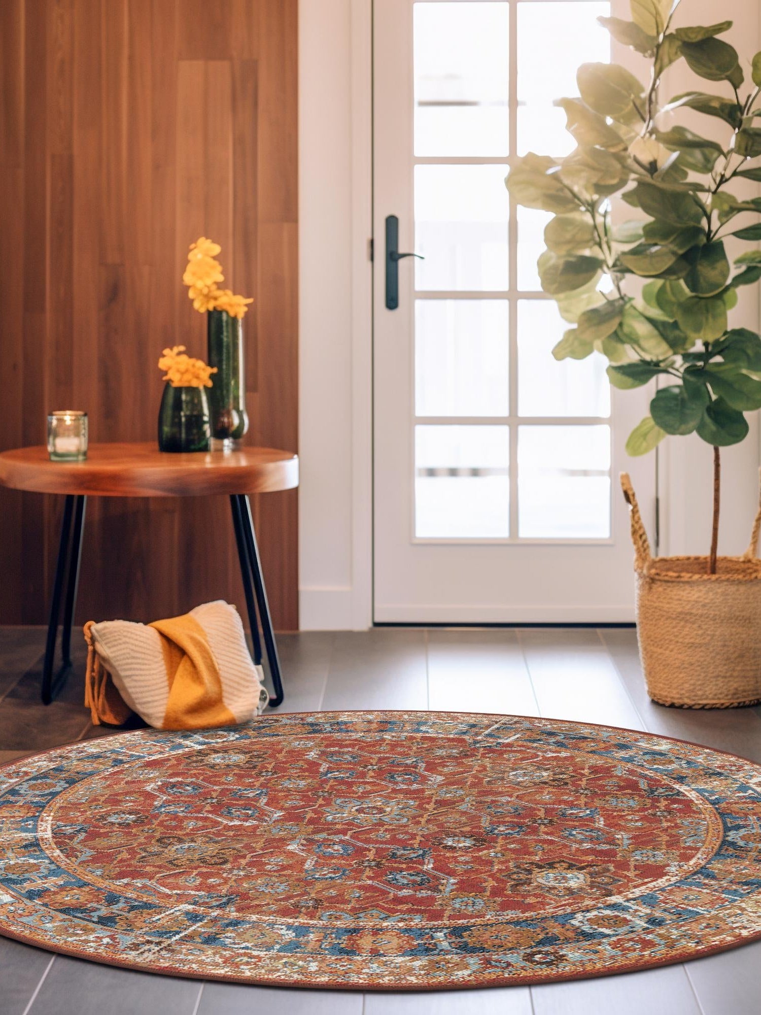 Antique Red 4' 1 x 4' 1 Outdoor Traditional Round Area Rug Weather Resistant for Patio, Deck, Terrace, Balcony, Porch Classical Design Outside Carpet for Sale at Rug Engine