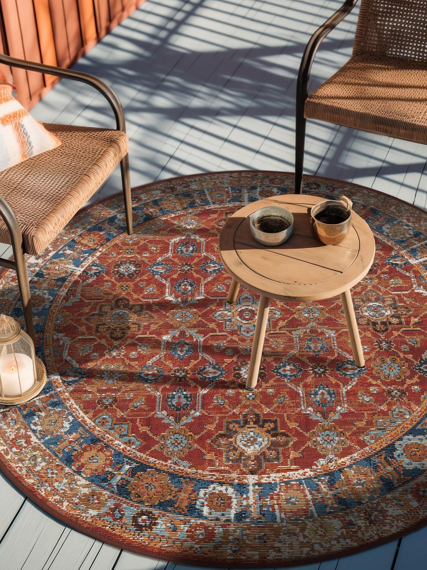 Antique Red 4' 1 x 4' 1 Outdoor Traditional Round Area Rug Weather Resistant for Patio, Deck, Terrace, Balcony, Porch Classical Design Outside Carpet for Sale at Rug Engine