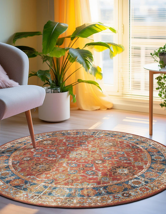 Antique Red 8' x 8' Outdoor Traditional Round Rug