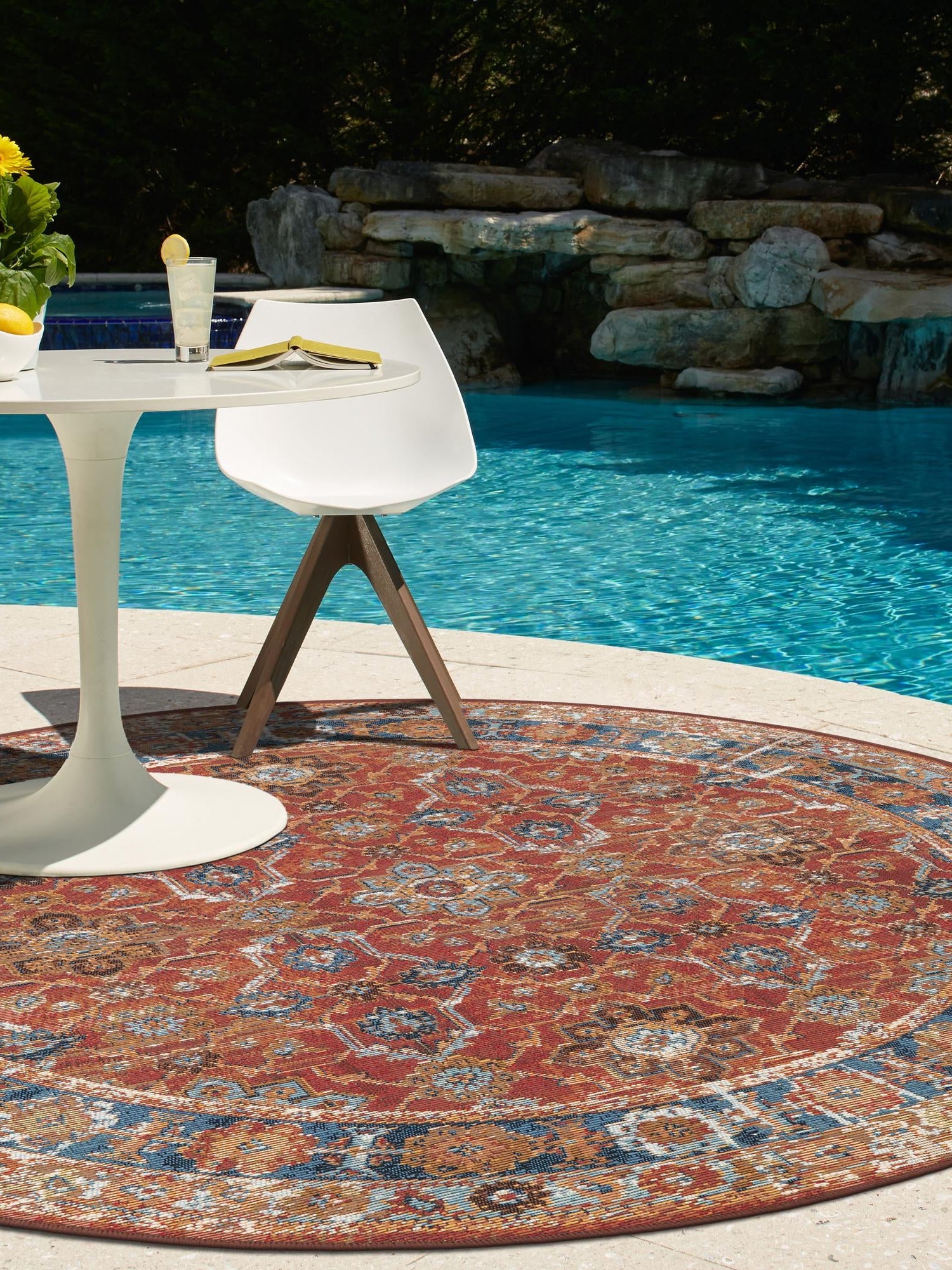 Antique Red 3' 1 x 3' 1 Outdoor Traditional Round Area Rug Weather Resistant for Patio, Deck, Terrace, Balcony, Porch Classical Design Outside Carpet for Sale at Rug Engine