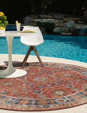 Antique Red 3' 1 x 3' 1 Outdoor Traditional Round Area Rug Weather Resistant for Patio, Deck, Terrace, Balcony, Porch Classical Design Outside Carpet for Sale at Rug Engine