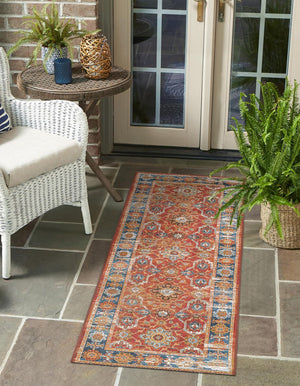 Antique Red 2' x 6' 1 Outdoor Traditional Runner Area Rug Weather Resistant for Patio, Deck, Terrace, Balcony, Porch Classical Design Outside Carpet for Sale at Rug Engine