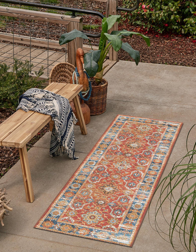 Antique Red 2' x 6' 1 Outdoor Traditional Runner Area Rug Weather Resistant for Patio, Deck, Terrace, Balcony, Porch Classical Design Outside Carpet for Sale at Rug Engine