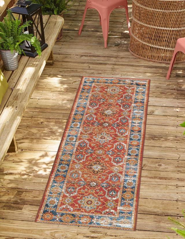 Antique Red 2' 7 x 10' Outdoor Traditional Runner Area Rug Weather Resistant for Patio, Deck, Terrace, Balcony, Porch Classical Design Outside Carpet for Sale at Rug Engine