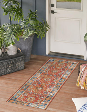 Antique Red 2' 7 x 12' Outdoor Traditional Runner Area Rug Weather Resistant for Patio, Deck, Terrace, Balcony, Porch Classical Design Outside Carpet for Sale at Rug Engine
