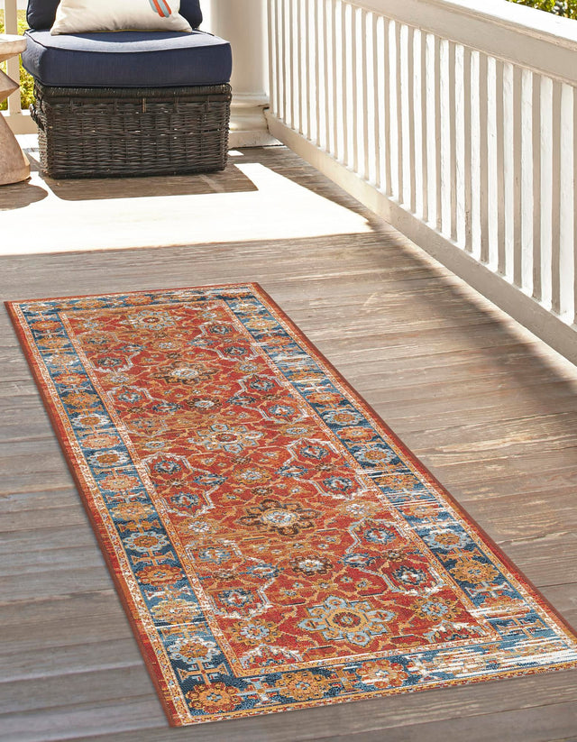 Antique Red 2' 7 x 10' Outdoor Traditional Runner Area Rug Weather Resistant for Patio, Deck, Terrace, Balcony, Porch Classical Design Outside Carpet for Sale at Rug Engine