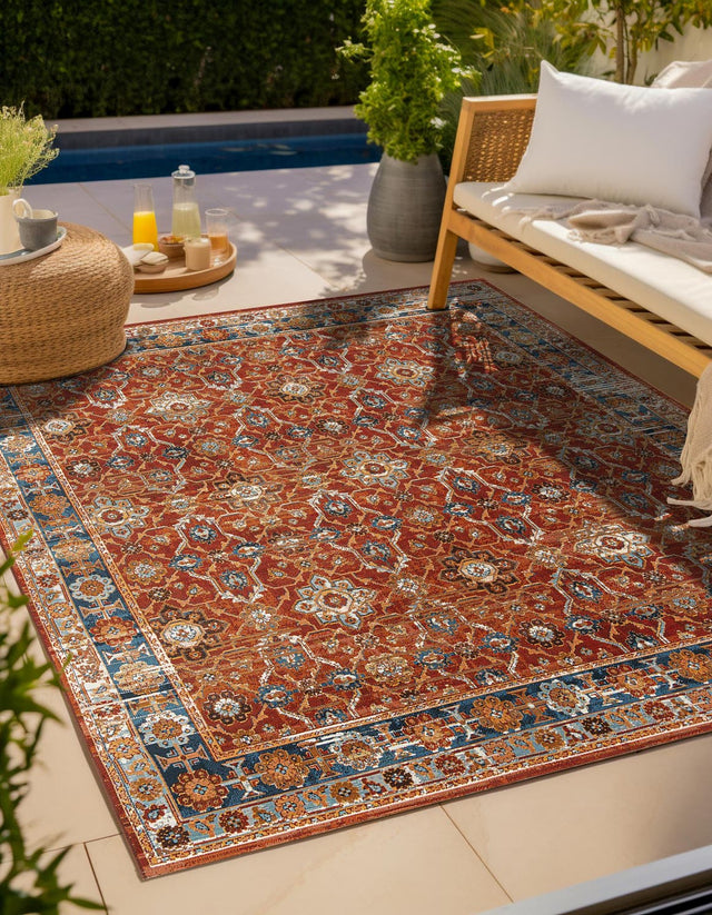 Antique Red 10' x 10' Outdoor Traditional Square Area Rug Weather Resistant for Patio, Deck, Terrace, Balcony, Porch Classical Design Outside Carpet for Sale at Rug Engine