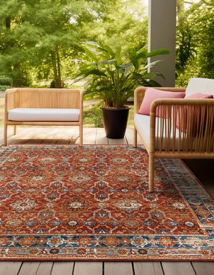 Antique Red 10' x 10' Outdoor Traditional Square Area Rug Weather Resistant for Patio, Deck, Terrace, Balcony, Porch Classical Design Outside Carpet for Sale at Rug Engine