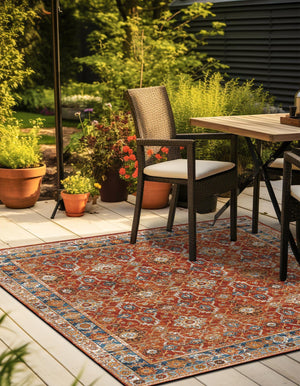 Antique Red 10' x 10' Outdoor Traditional Square Area Rug Weather Resistant for Patio, Deck, Terrace, Balcony, Porch Classical Design Outside Carpet for Sale at Rug Engine