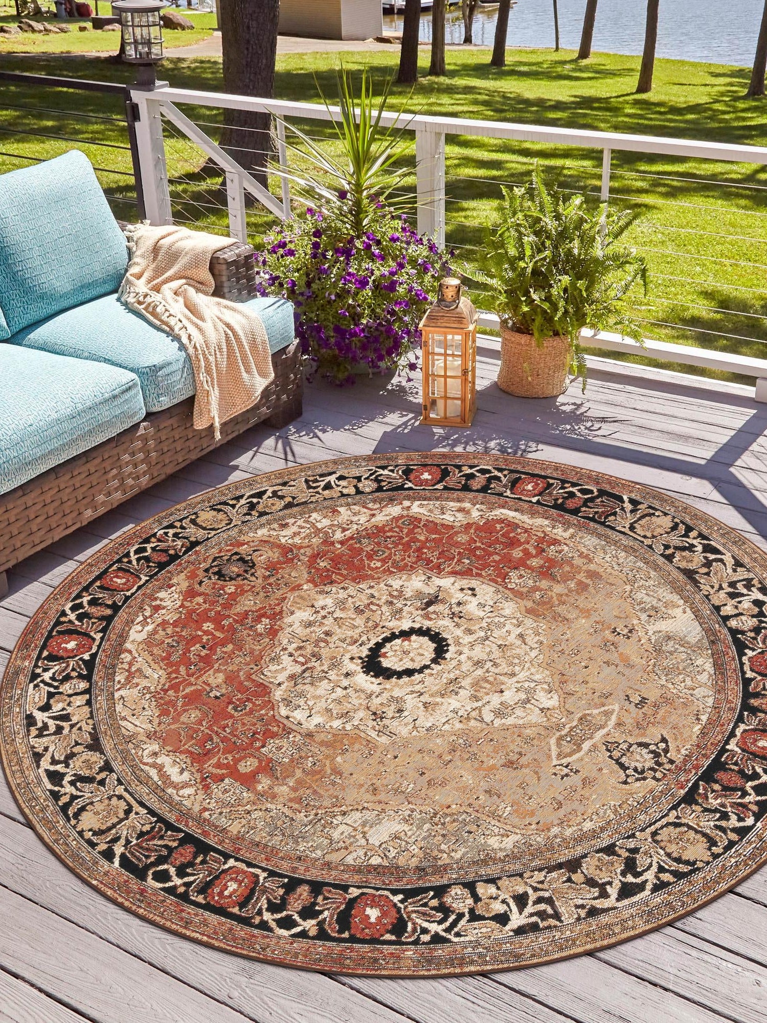 Multicolor 7' 10 x 7' 10 Outdoor Traditional Round Area Rug Weather Resistant for Patio, Deck, Terrace, Balcony, Porch Classical Design Outside Carpet for Sale at Rug Engine