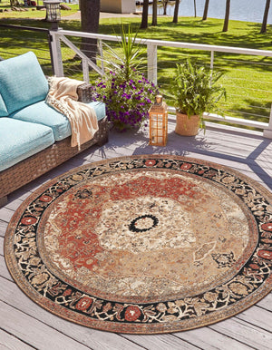 Multicolor 7' 10 x 7' 10 Outdoor Traditional Round Area Rug Weather Resistant for Patio, Deck, Terrace, Balcony, Porch Classical Design Outside Carpet for Sale at Rug Engine