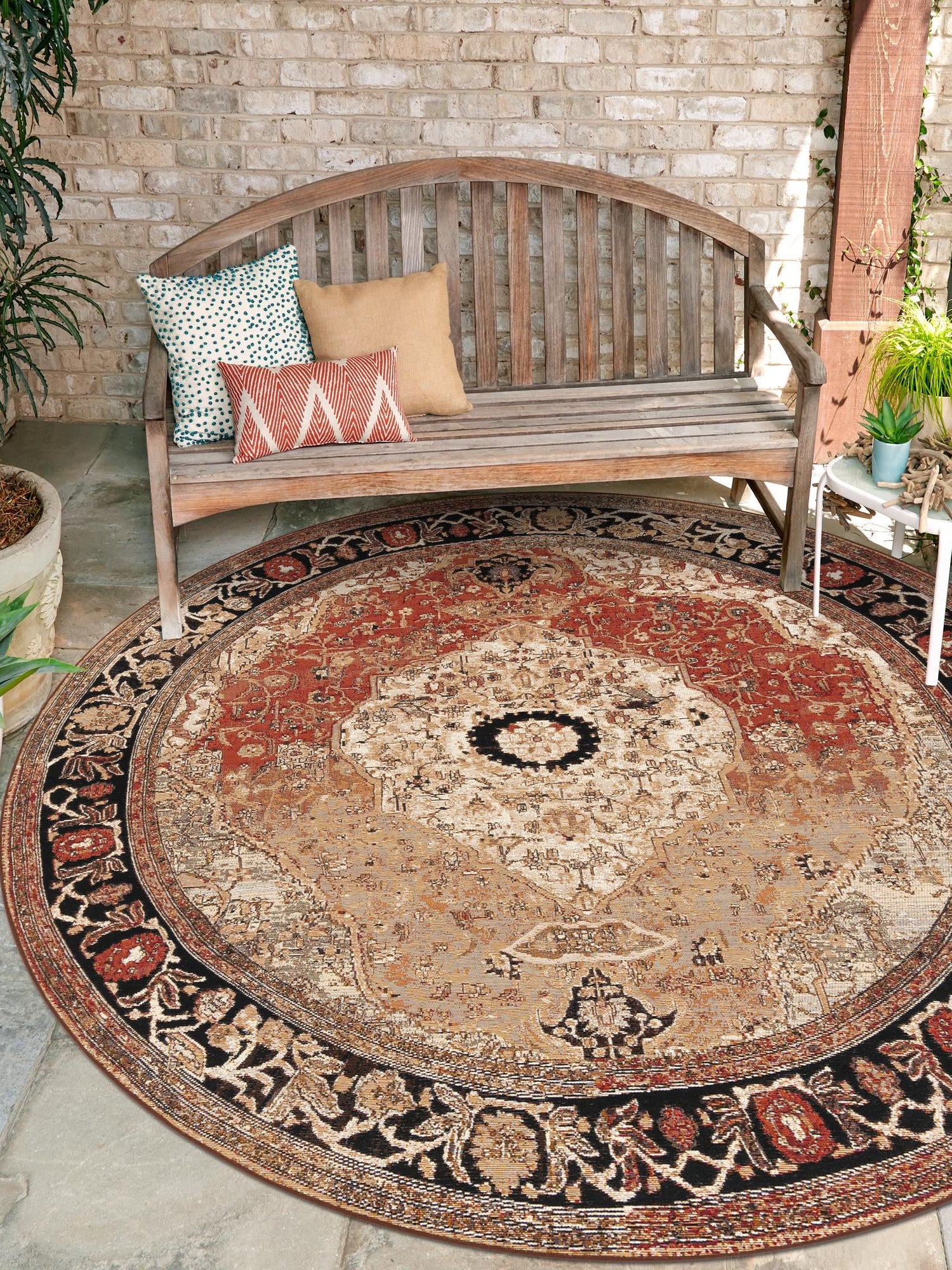 Multicolor 7' 10 x 7' 10 Outdoor Traditional Round Area Rug Weather Resistant for Patio, Deck, Terrace, Balcony, Porch Classical Design Outside Carpet for Sale at Rug Engine