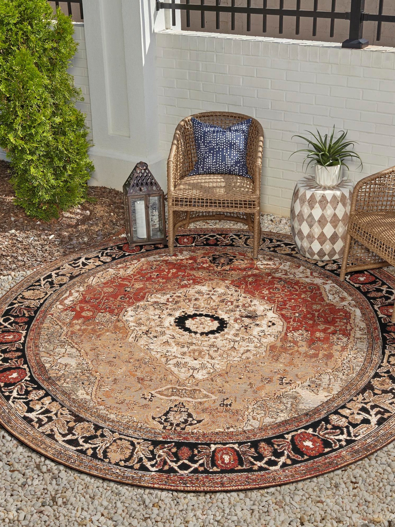Multicolor 7' 10 x 7' 10 Outdoor Traditional Round Area Rug Weather Resistant for Patio, Deck, Terrace, Balcony, Porch Classical Design Outside Carpet for Sale at Rug Engine