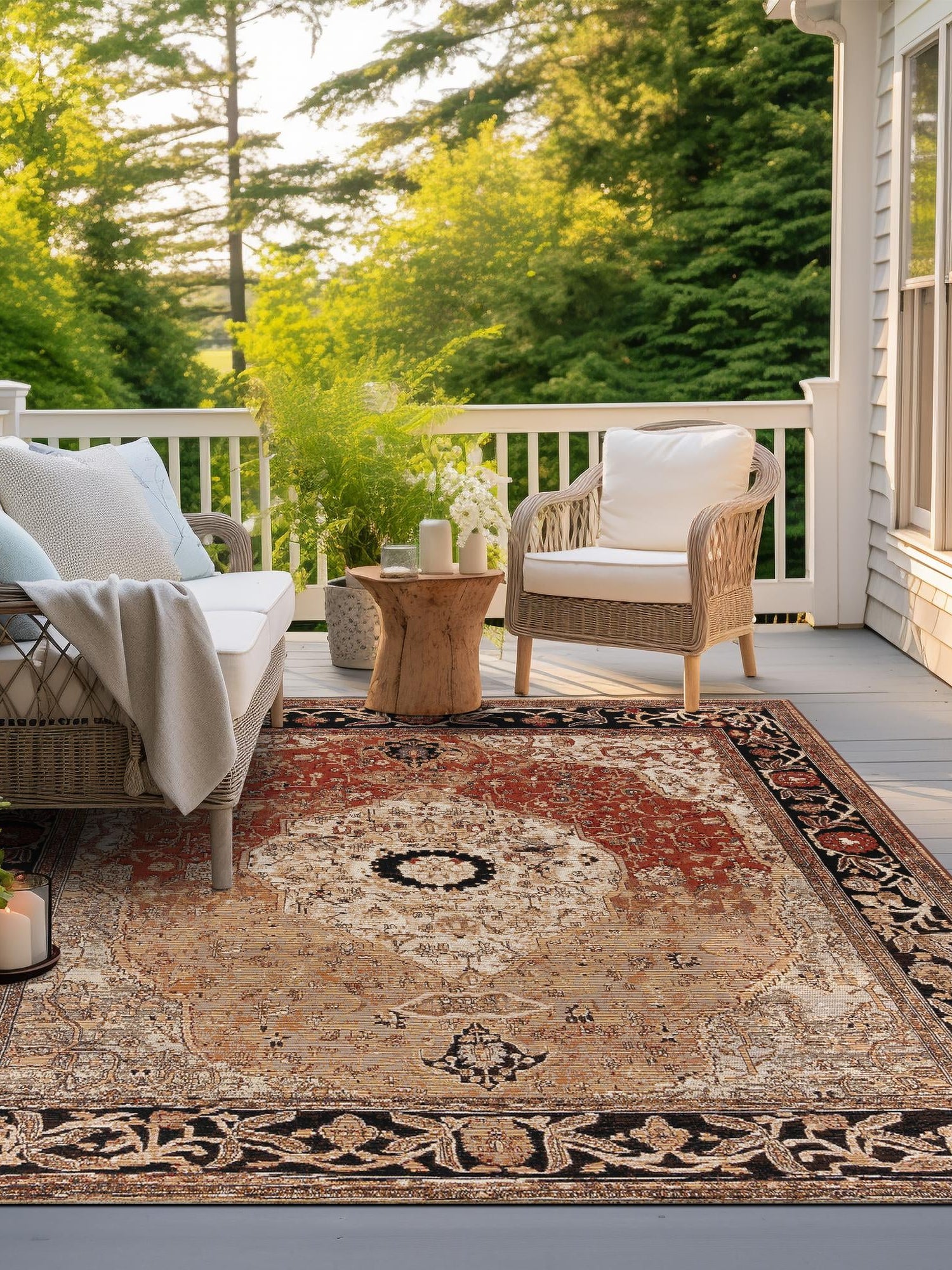 Multicolor 7' 10 x 7' 10 Outdoor Traditional Square Area Rug Weather Resistant for Patio, Deck, Terrace, Balcony, Porch Classical Design Outside Carpet for Sale at Rug Engine