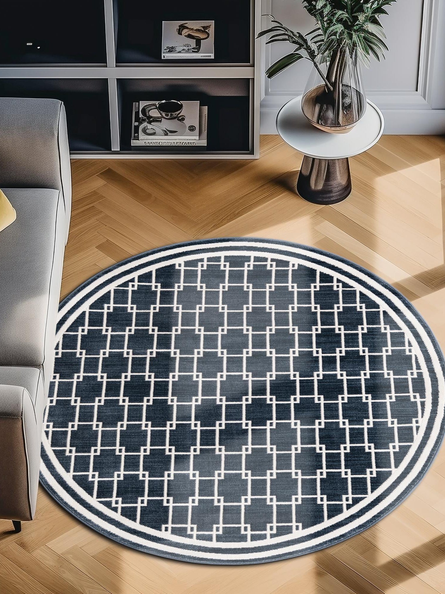 Navy Blue 4' 1 x 4' 1 Jill Zarin Uptown Round Area Rug 70% Polypropylene & 30% Polyester  Contemporary Carpet for Living, Dining, Office, Bedroom for Sale at Rug Engine