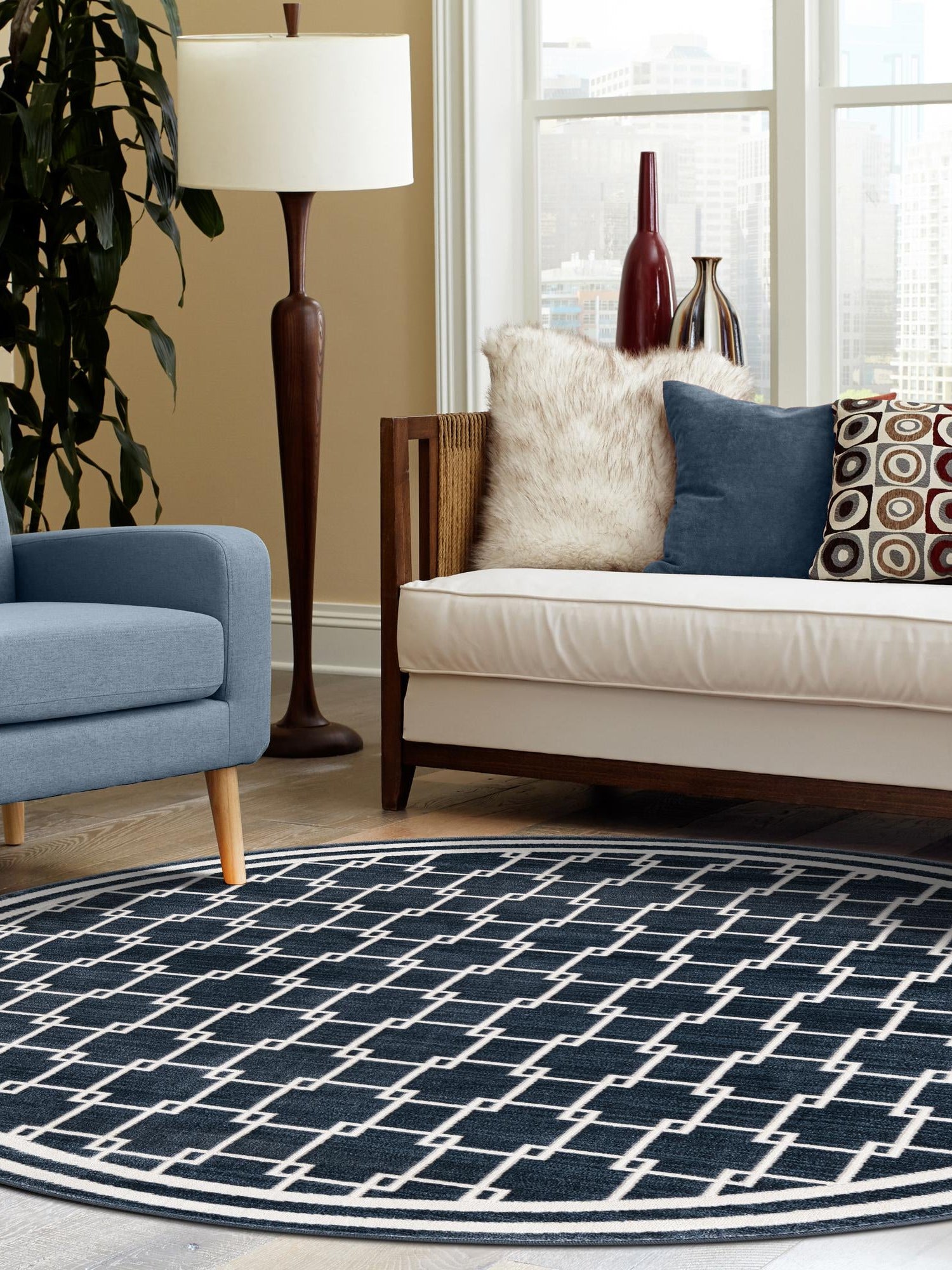 Navy Blue 4' 1 x 4' 1 Jill Zarin Uptown Round Area Rug 70% Polypropylene & 30% Polyester  Contemporary Carpet for Living, Dining, Office, Bedroom for Sale at Rug Engine