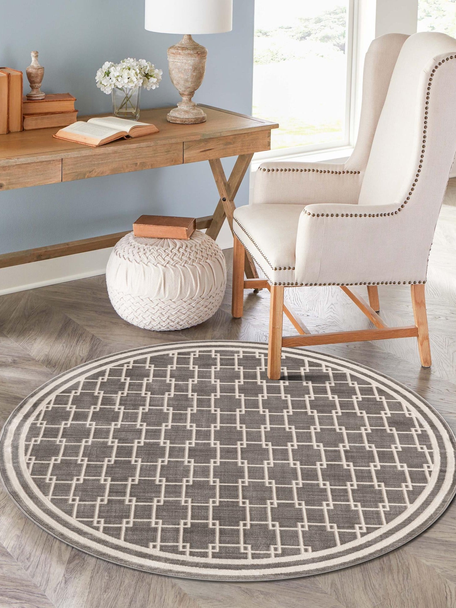Gray 4' 1 x 4' 1 Jill Zarin Uptown Round Area Rug 70% Polypropylene & 30% Polyester  Contemporary Carpet for Living, Dining, Office, Bedroom for Sale at Rug Engine