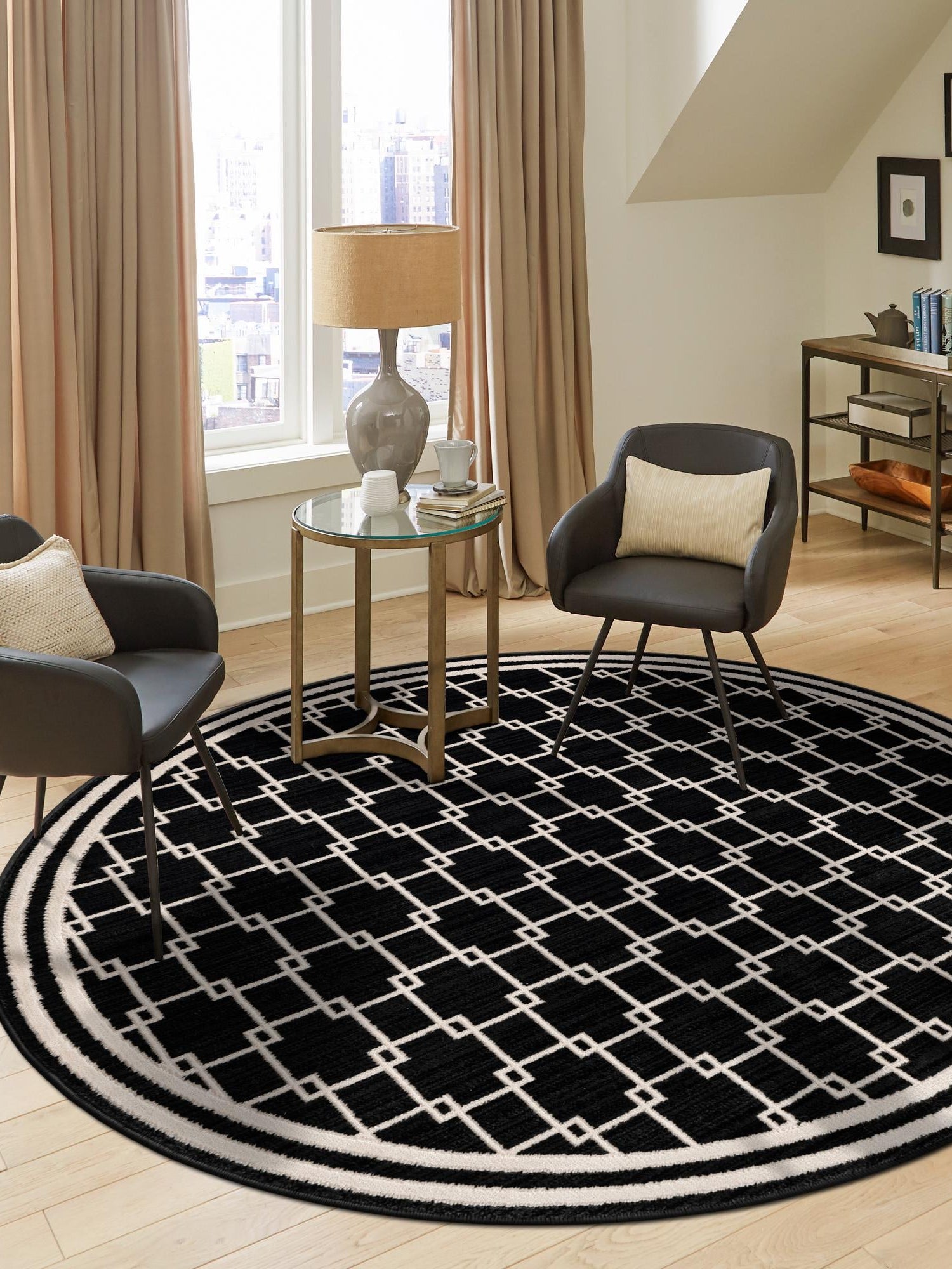 Black 7' 10 x 7' 10 Jill Zarin Uptown Round Area Rug 70% Polypropylene & 30% Polyester  Contemporary Carpet for Living, Dining, Office, Bedroom for Sale at Rug Engine