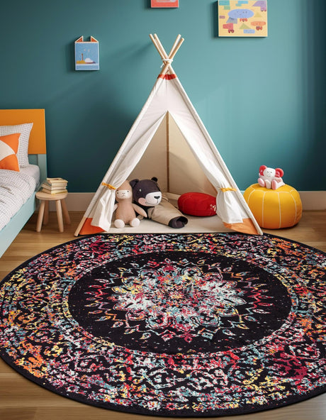 Multicolor 7' 10 x 7' 10 Penrose Round Area Rug Classic Durable Stain Resistant Easy Clean Carpet for Traditional Indoor Home Decor for Sale at Rug Engine