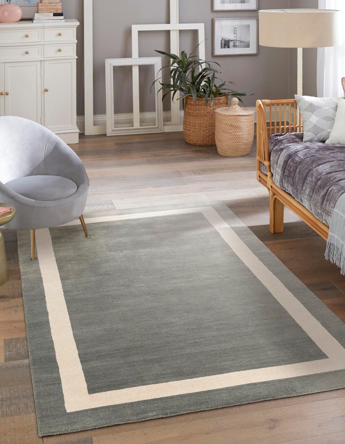 Earl Gray 5' 1 x 8' Jill Zarin Border Wool Rectangle Area Rug 80% Wool & 20% Cotton Hand Made Luxury All Natural Carpet for Interior Design for Sale at Rug Engine