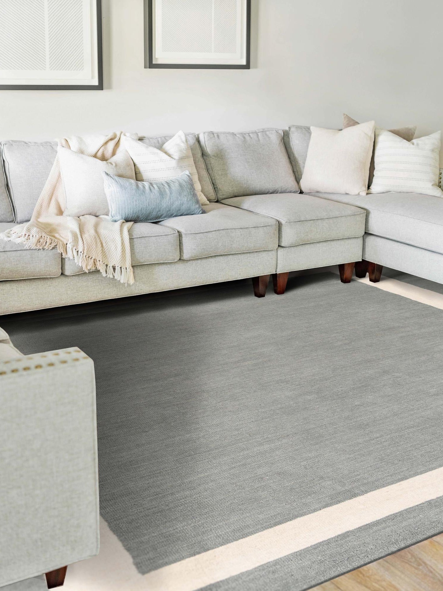 Earl Gray 5' 1 x 8' Jill Zarin Border Wool Rectangle Area Rug 80% Wool & 20% Cotton Hand Made Luxury All Natural Carpet for Interior Design for Sale at Rug Engine