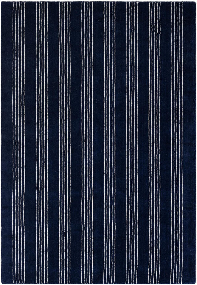 Cobalt Blue 4' 1 x 6' 1 Jill Zarin Striped Wool Rectangle Area Rug 80% Wool & 20% Cotton Hand Made Luxury All Natural Carpet for Interior Design for Sale at Rug Engine