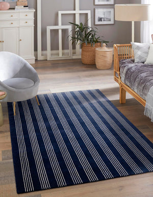 Cobalt Blue 3' 3 x 5' 3 Jill Zarin Striped Wool Rectangle Area Rug 80% Wool & 20% Cotton Hand Made Luxury All Natural Carpet for Interior Design for Sale at Rug Engine
