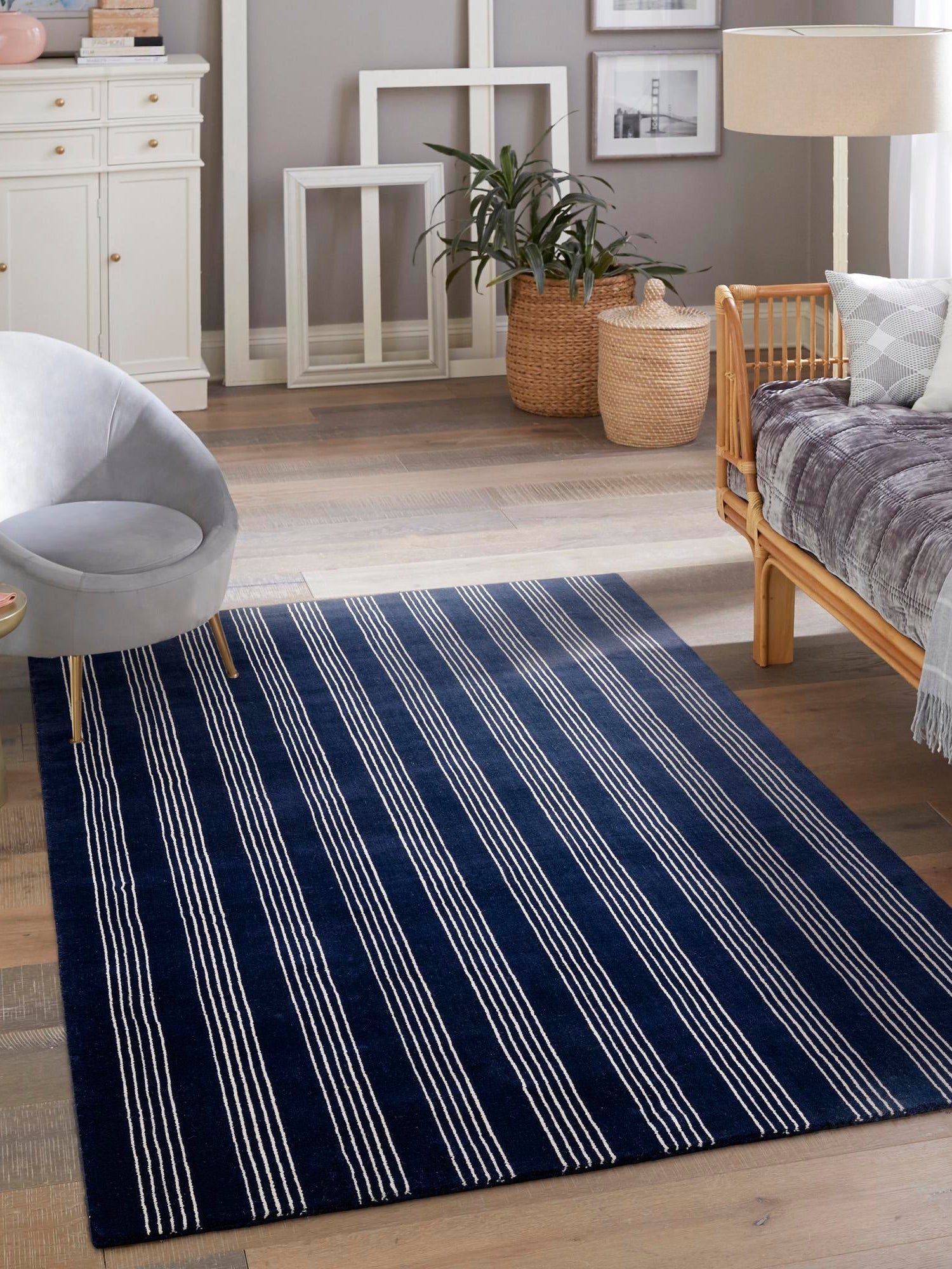 Cobalt Blue 4' 1 x 6' 1 Jill Zarin Striped Wool Rectangle Area Rug 80% Wool & 20% Cotton Hand Made Luxury All Natural Carpet for Interior Design for Sale at Rug Engine