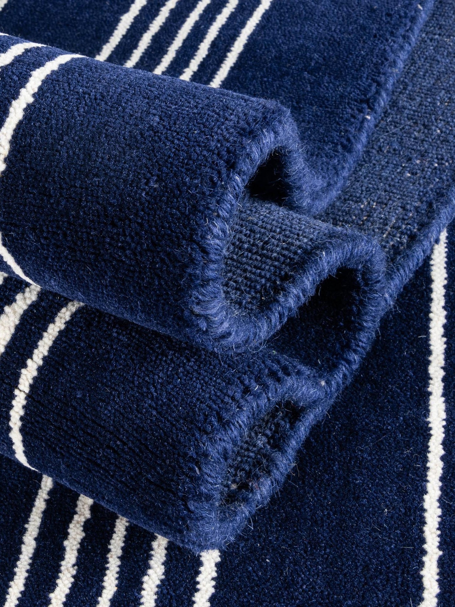 Cobalt Blue 6' 1 x 9' Jill Zarin Striped Wool Rectangle Area Rug 80% Wool & 20% Cotton Hand Made Luxury All Natural Carpet for Interior Design for Sale at Rug Engine