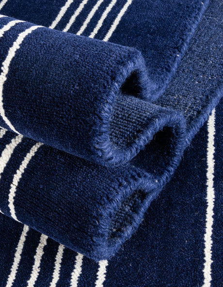 Cobalt Blue 6' 1 x 9' Jill Zarin Striped Wool Rectangle Area Rug 80% Wool & 20% Cotton Hand Made Luxury All Natural Carpet for Interior Design for Sale at Rug Engine