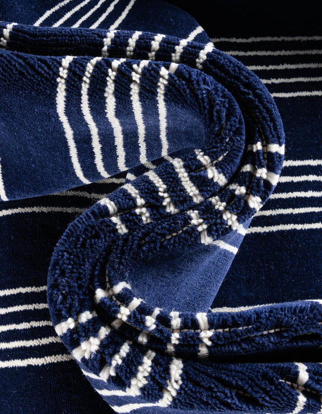 Cobalt Blue 3' 3 x 10' Jill Zarin Striped Wool Runner Area Rug 80% Wool & 20% Cotton Hand Made Luxury All Natural Carpet for Interior Design for Sale at Rug Engine