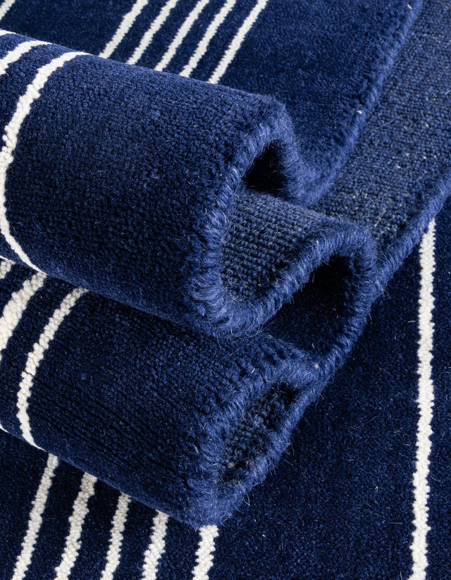 Cobalt Blue 2' 7 x 8' Jill Zarin Striped Wool Runner Area Rug 80% Wool & 20% Cotton Hand Made Luxury All Natural Carpet for Interior Design for Sale at Rug Engine