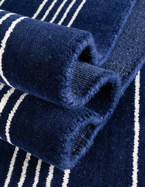 Cobalt Blue 3' 3 x 12' Jill Zarin Striped Wool Runner Area Rug 80% Wool & 20% Cotton Hand Made Luxury All Natural Carpet for Interior Design for Sale at Rug Engine