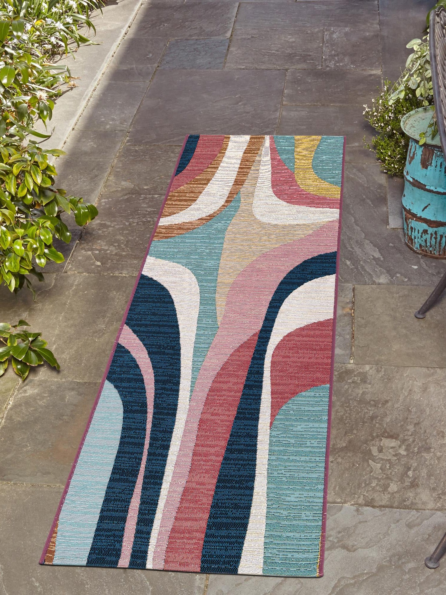 Multicolor 2' x 5' 1 Outdoor Modern Runner Area Rug Weather Resistant for Patio, Deck, Terrace, Balcony, Porch 100% Polypropylene Modern Outside Carpet for Sale at Rug Engine