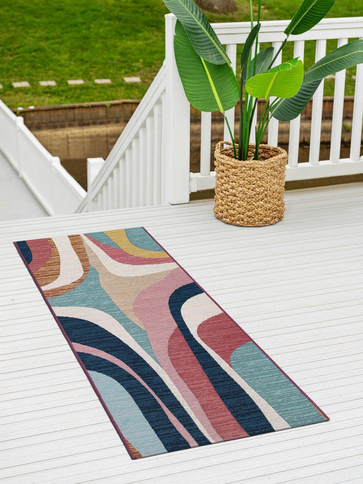 Multicolor 2' x 5' 1 Outdoor Modern Runner Area Rug Weather Resistant for Patio, Deck, Terrace, Balcony, Porch 100% Polypropylene Modern Outside Carpet for Sale at Rug Engine