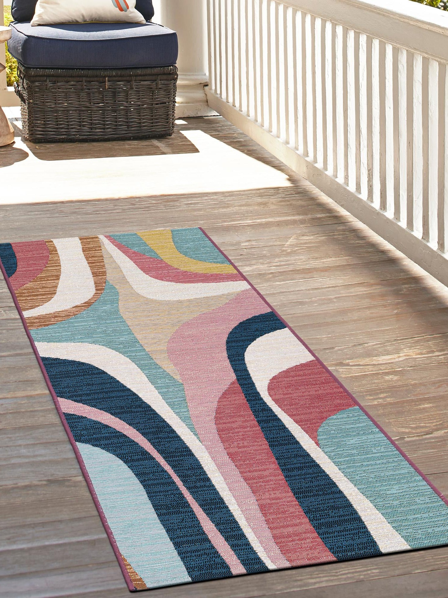 Multicolor 2' 7 x 12' Outdoor Modern Runner Area Rug Weather Resistant for Patio, Deck, Terrace, Balcony, Porch 100% Polypropylene Modern Outside Carpet for Sale at Rug Engine