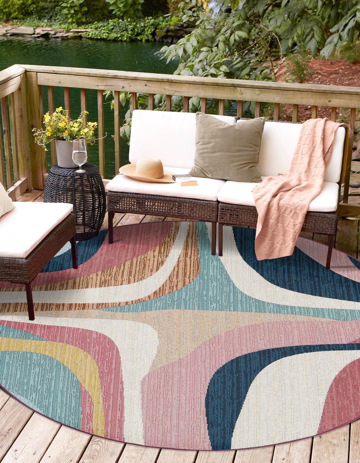 Multicolor 3' 1 x 3' 1 Outdoor Modern Round Area Rug Weather Resistant for Patio, Deck, Terrace, Balcony, Porch 100% Polypropylene Modern Outside Carpet for Sale at Rug Engine
