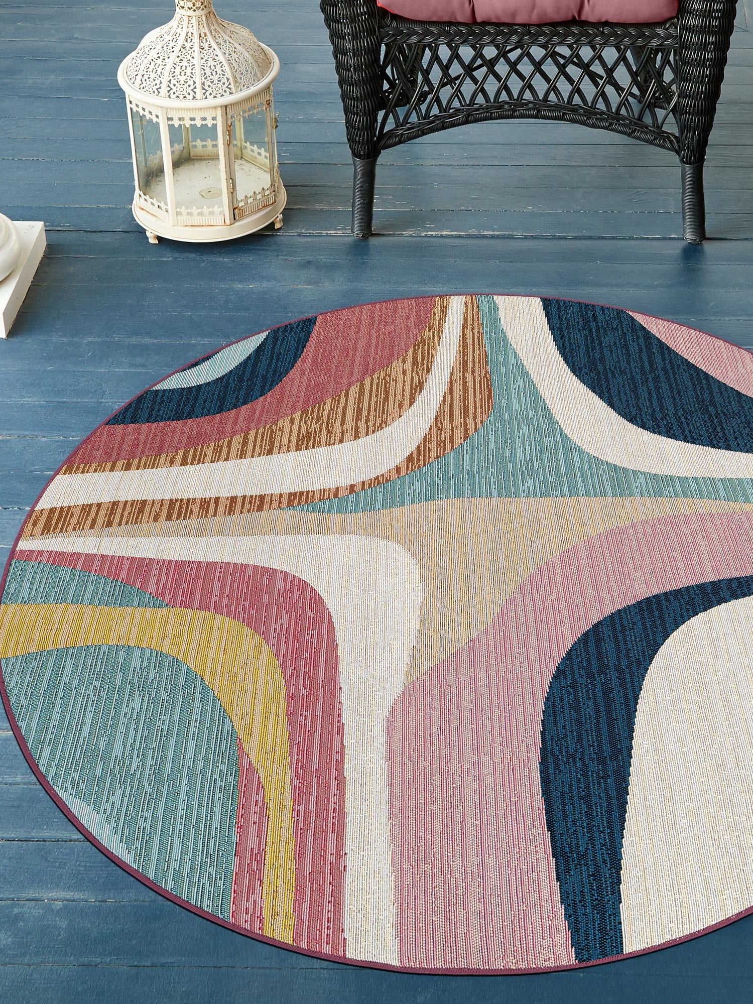 Multicolor 5' 1 x 5' 1 Outdoor Modern Round Area Rug Weather Resistant for Patio, Deck, Terrace, Balcony, Porch 100% Polypropylene Modern Outside Carpet for Sale at Rug Engine